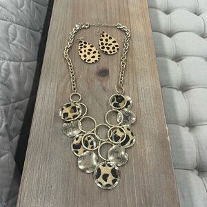 Boutique Gold and Black Animal Print and Statement Necklace and Earrings Set